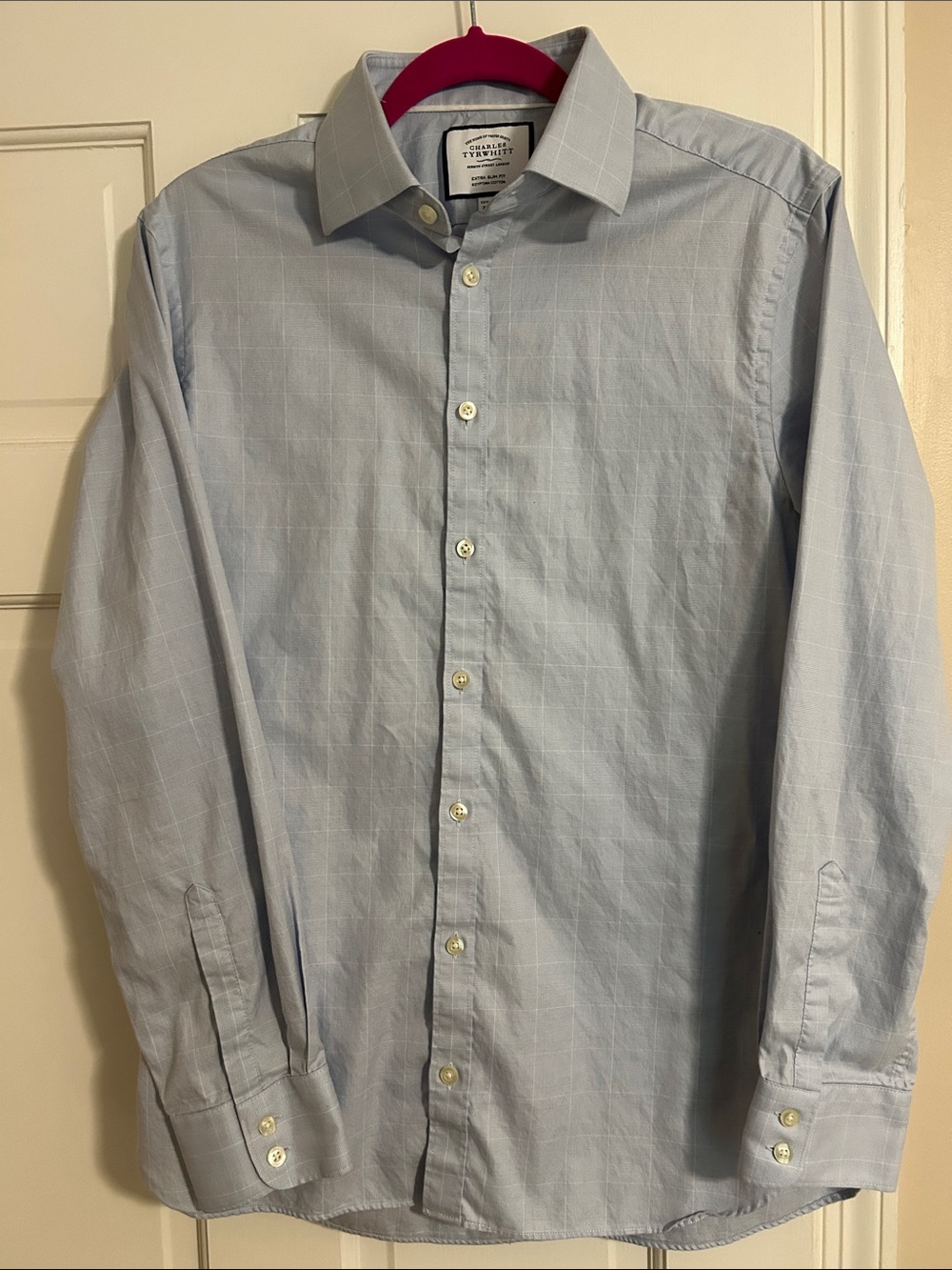Charles Tyrwhitt Light Blue Windowpane Dress Shirt 15 1/2 34 in